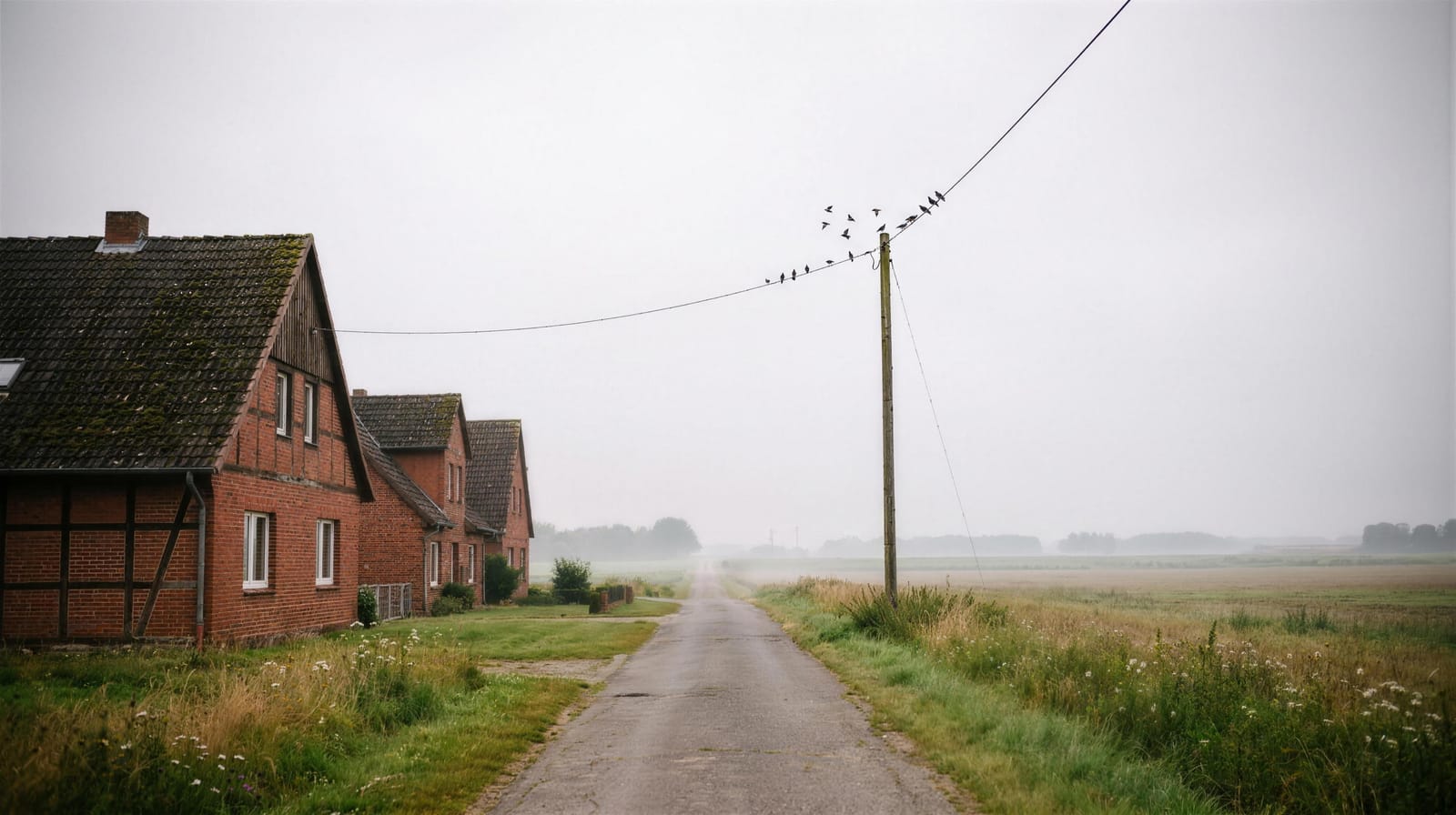 Ruhige Dorfstraße in Langreder am Morgen, im Hintergrund Felder und eine Stromleitung mit Vögeln
