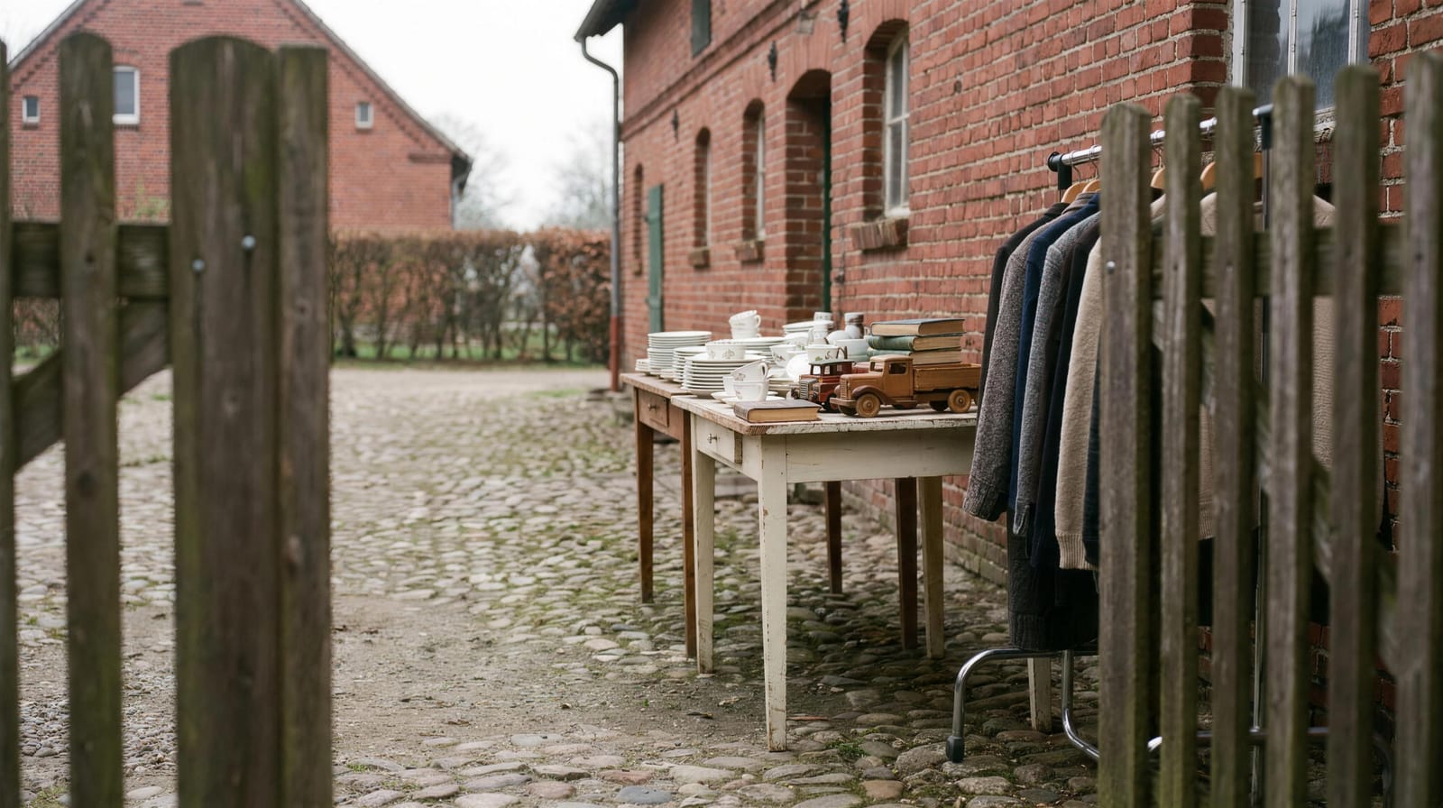 Flohmarktstand mit Trödel auf einem Tapeziertisch vor einem Klinkerhaus